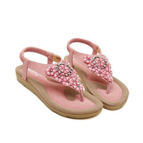 Bohemia Floral Bead Crystal Slip On Elastic Flat Beach Sandals