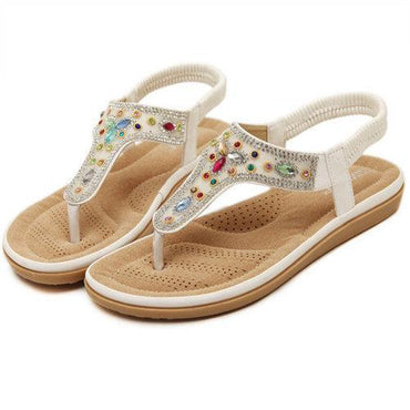 Bohemia Bead Crystal Clip Toe Elastic Flat Slip On Beach Sandals