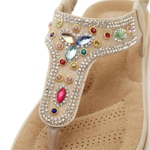 Bohemia Bead Crystal Clip Toe Elastic Flat Slip On Beach Sandals