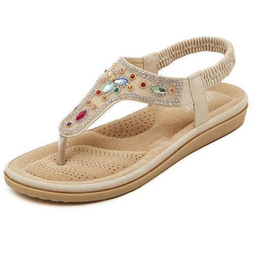 Bohemia Bead Crystal Clip Toe Elastic Flat Slip On Beach Sandals