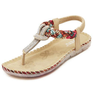 Bohemian Bead Floral Elastic Clip Toe T Strap Slip On Flat Beach Sandals