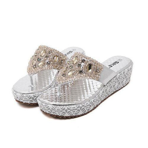 Bead Crystal Shiny Stripe Clip Toe Platform Beach Sandals Flip Flops