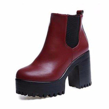 Pure Color Pu European Style Slip On Ankle Chunky Heel Block Zipper Boots