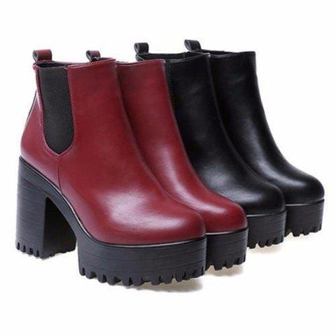 Pure Color Pu European Style Slip On Ankle Chunky Heel Block Zipper Boots