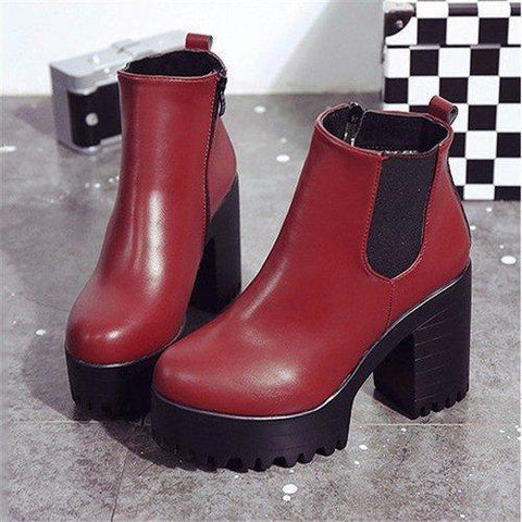 Pure Color Pu European Style Slip On Ankle Chunky Heel Block Zipper Boots