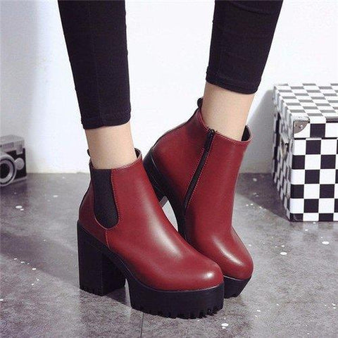 Pure Color Pu European Style Slip On Ankle Chunky Heel Block Zipper Boots