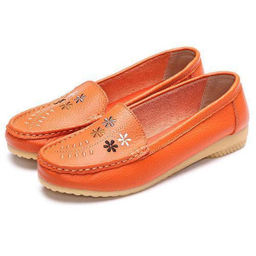 Flower Embroidery Leather Soft Comfortable Casual Slip On Flat Shoes