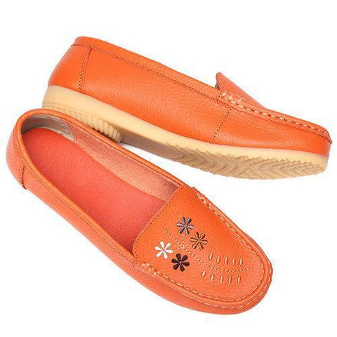 Flower Embroidery Leather Soft Comfortable Casual Slip On Flat Shoes