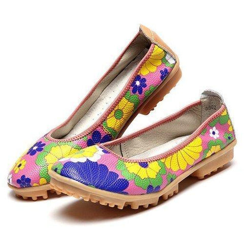 Colorful Flower Print Leather Soft Comfortable Slip On Flat Shoes