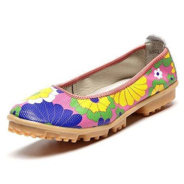 Colorful Flower Print Leather Soft Comfortable Slip On Flat Shoes