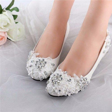 Lace Beaded Flower Wedding High Heel White Bridal Pumps