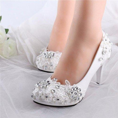 Lace Beaded Flower Wedding High Heel White Bridal Pumps