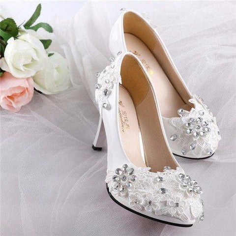 Lace Beaded Flower Wedding High Heel White Bridal Pumps