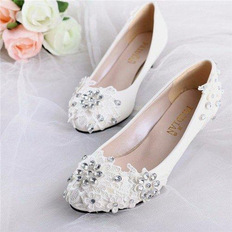 Lace Beaded Flower Wedding High Heel White Bridal Pumps
