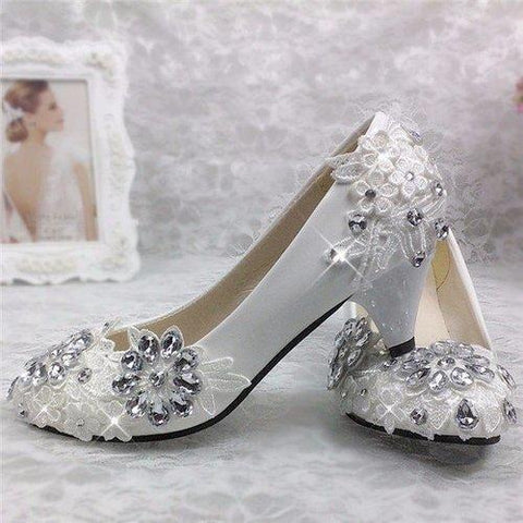 Lace Beaded Flower Wedding High Heel White Bridal Pumps