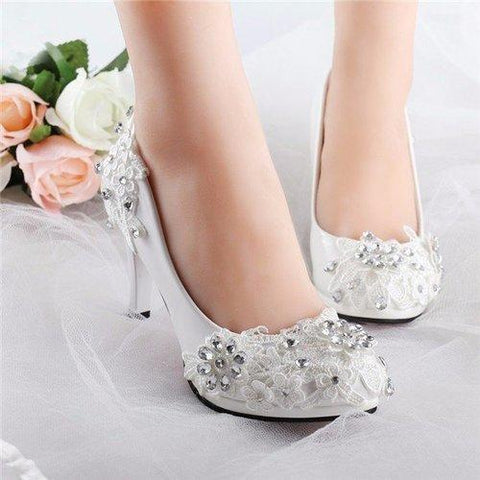 Lace Beaded Flower Wedding High Heel White Bridal Pumps