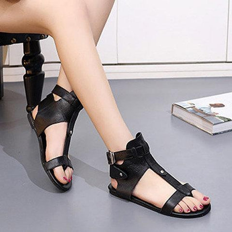 Black Leather Hollow Out Peep Toe Buckle Ankle Flat Roman Sandals Gladiators