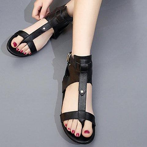 Black Leather Hollow Out Peep Toe Buckle Ankle Flat Roman Sandals Gladiators