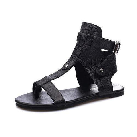 Black Leather Hollow Out Peep Toe Buckle Ankle Flat Roman Sandals Gladiators