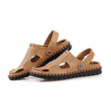 Men Leather Hollow Out Breathable Two Way Wearing Slip On Beach Slipper Sandals