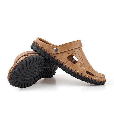 Men Leather Hollow Out Breathable Two Way Wearing Slip On Beach Slipper Sandals