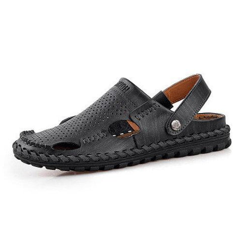 Men Leather Hollow Out Breathable Two Way Wearing Slip On Beach Slipper Sandals