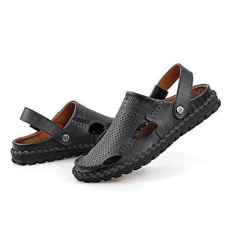 Men Leather Hollow Out Breathable Two Way Wearing Slip On Beach Slipper Sandals