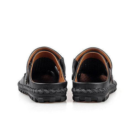 Men Leather Hollow Out Breathable Two Way Wearing Slip On Beach Slipper Sandals