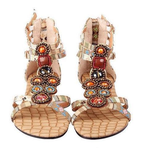 Bohemia Bead Crystal Hollow Out National Wind Retro Peep Toe Buckle Ankle Zipper Sandals