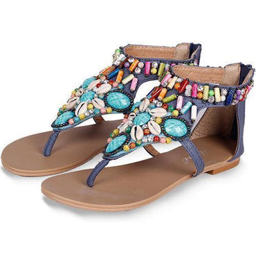 Bohemia Bead Shell Colorful Vintage Clip Toe National Wind Flat Zipper Sandals