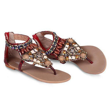 Bohemia Bead Chain Color National Wind Vintage Clip Toe Zipper Flat Sandals