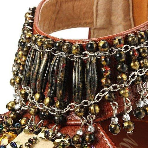 Bohemian Bead Chain Metal Pu Retro Clip Toe Zipper Flat Ankle Sandals