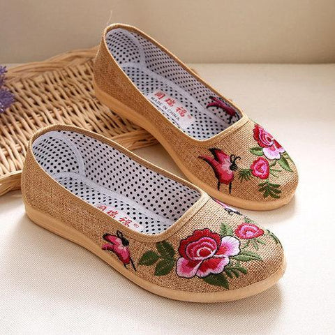 Embroidery Flower Print Canvas National Wind Slip On Flat Shoes