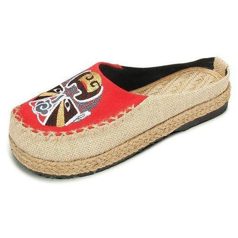 Theatrical Mask Flax National Wind Open Heel Slip On Flat Loafers