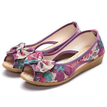 Flower Print Bowknot Flax Peep Toe National Wind Slip On Flat Shoes