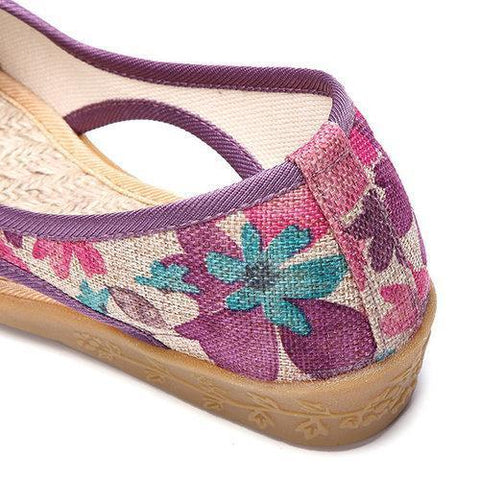 Flower Print Bowknot Flax Peep Toe National Wind Slip On Flat Shoes