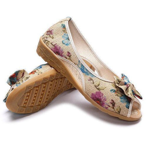 Flower Print Bowknot Flax Peep Toe National Wind Slip On Flat Shoes