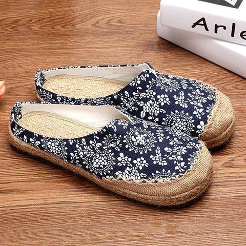 Dargon Flower Print Flax Open Heel Color Match National Wind Slip On Flat Shoes