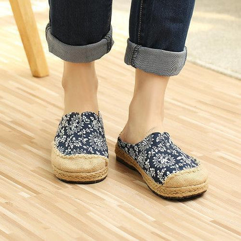 Dargon Flower Print Flax Open Heel Color Match National Wind Slip On Flat Shoes