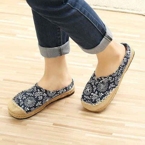 Dargon Flower Print Flax Open Heel Color Match National Wind Slip On Flat Shoes