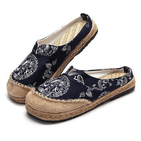 Dargon Flower Print Flax Open Heel Color Match National Wind Slip On Flat Shoes