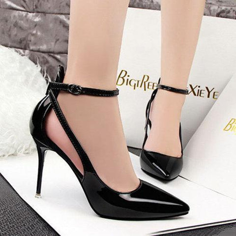 9.5 cm Hollow Out Buckle Pointed Toe European Style High Heel Pumps