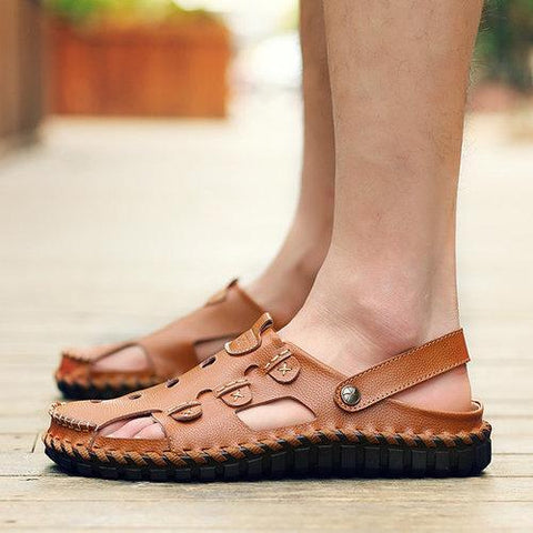 Men Button Hollow Out Slip On Breathable Flat Beach Sandals