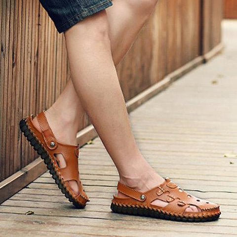 Men Button Hollow Out Slip On Breathable Flat Beach Sandals