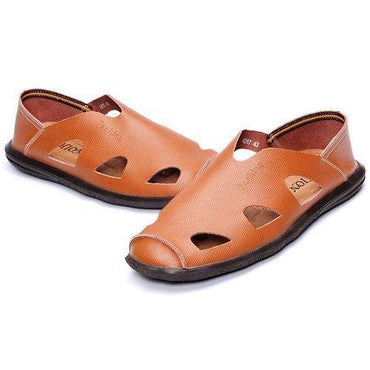 Men Breathable Hollow Out Soft Slip On Leather Casual Flat Shoes