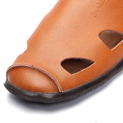 Men Breathable Hollow Out Soft Slip On Leather Casual Flat Shoes