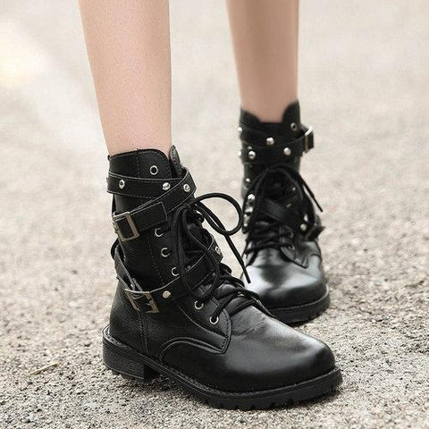 Black Soft Round Toe Lace Up Trending Rivet Buckle Boots