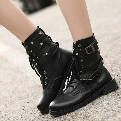 Black Soft Round Toe Lace Up Trending Rivet Buckle Boots