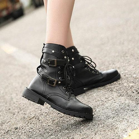 Black Soft Round Toe Lace Up Trending Rivet Buckle Boots