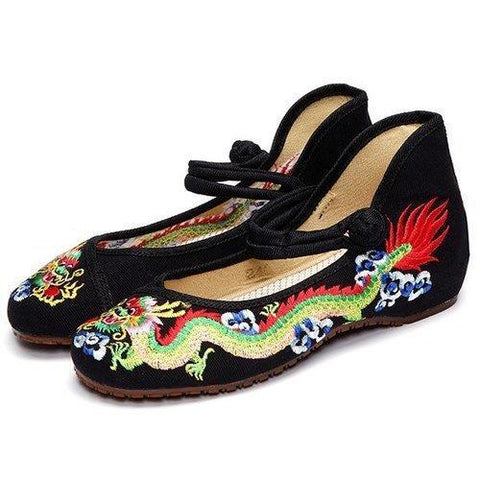 Vintage National Wind Chinese Embroidered Dragon Mary Janes Flat Shoes